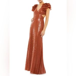 Mac Duggal Ruffle-Sleeve Cutout Sequin Gown - Size 0 - Brick